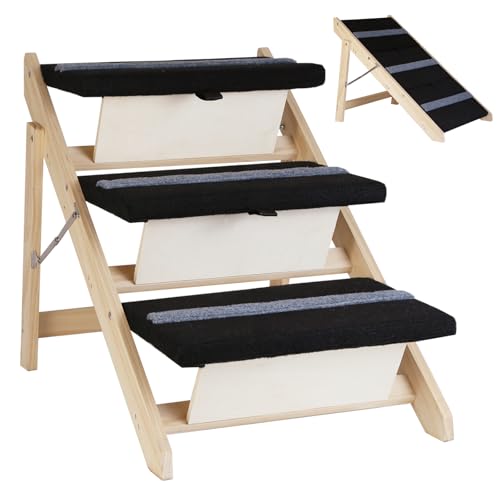2-in-1 Indoor Haustierrampe Holz Faltbare 3-stöckige Haustiertreppe mit rutschfesten Teppich-Stufen, Rampe Perfekt für Bett und Couch von Wotunest