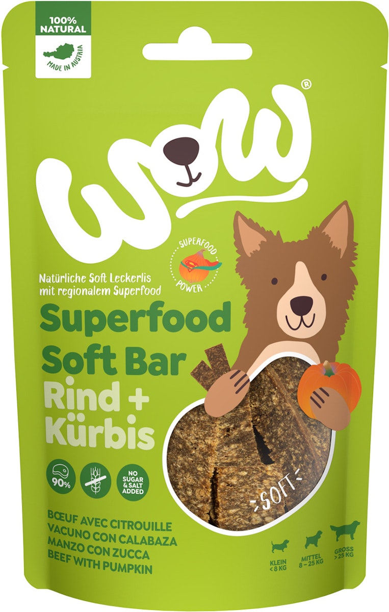 WOW Superfood Soft Bar 150 Gramm Hundesnack 6 x 150 Gramm Rind mit Kürbis