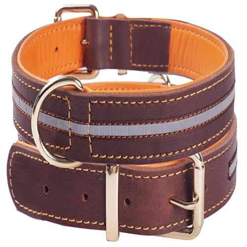 Hochbelastbares Reflektierendes Echtleder Hundehalsband, Verstellbares Weich Gepolstertes Halsband für Mittelgroße, Große und Extra Große XL-Hunderassen(Braun L) von WowwCollars