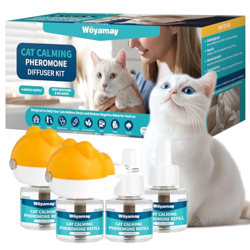 Pheromon-Diffusor für Katzen, katzen beruhigungsmittel, 6-in-1 Beruhigungsset zur Linderung von Angstzuständen, mit 2 Diffusor und 4 Nachfüllfläschchen für bis zu 120 Tage, katze beruhigung pheromone von Woyamay