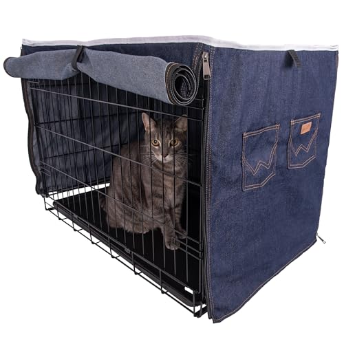Wrangler Hundekäfig-Abdeckung, Denim, langlebig, atmungsaktiv und stilvoll, mit rollbaren Einsätzen und Fronttasche für Zubehör, maschinenwaschbar, für Hundekäfige (S) von Wrangler