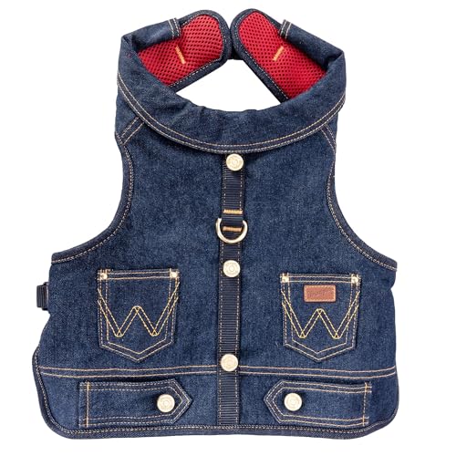 Wrangler Rope Denim Hundeweste, Geschirr, atmungsaktive Hundeweste mit Netzfutter, maschinenwaschbar, Hunde-Winterjacke für einfache Reinigung, Schicht über Hundepullover (dunkle Waschung, XL) von Wrangler