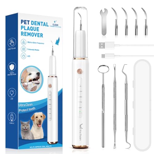 Wrischan Zahnsteinentferner, Zahnreiniger für Haustiere, Hund Zahnreinigung Kit, 5 einstellbare Modi 4 austauschbare Köpfe, Katzen Zahnreinigung Tools, Hund Zahnreinigung Set mit LED-Licht von Wrischan