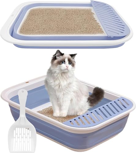 Katzentoilette Flach Groß, Katzenklo Flach Mit Schaufel, Katzenklo Niedrig für alte Katzen, Reisetoilette Katze, Faltbare Katzentoilette mit Schaufel, Katzenklo Groß, Faltbare Flache Katzentoilette von Wubushan