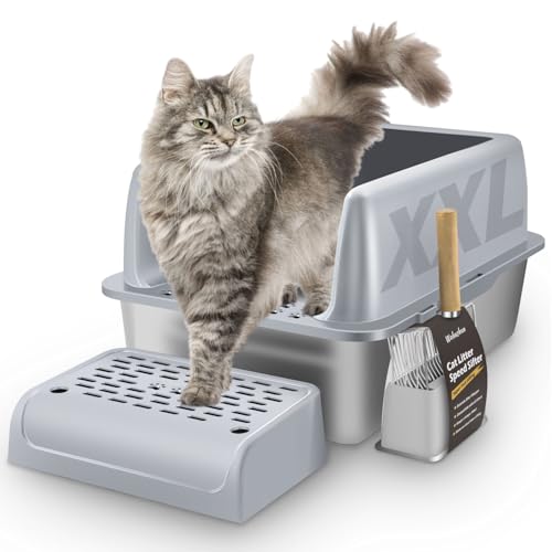Katzenklo edelstahl xxl, Stainless steel litter box, Katzentoilette offene mit metall schaufel, Cat litter box hohem rand, Katzentoilette edelstahl, Katzenklo groß leicht zu reinigen(60cm*40cm*30.5cm) von Wubushan