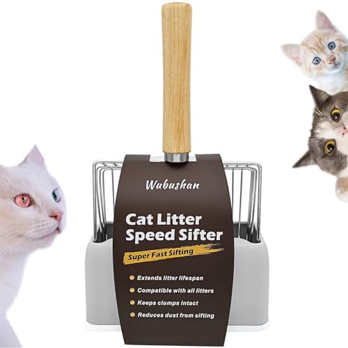 Wubushan Katzenstreuschaufel mit Halter, Katzenklo Schaufel Metall, Katzenstreu Schaufel mit Holzgriff, Lochabstand 7mm, Länge 28cm, Litter Box Scoop, Cat Litter Scoop, Katzenschaufel für Katzenklo von Wubushan