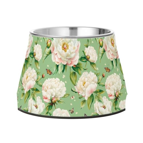 Beauty Peonies Green Pets Futternapf mit Ständer, Edelstahl, Haustier-Wassernäpfe für Hunde, Katzen, Kaninchen, Vögel, bequemes Füttern von Wudan