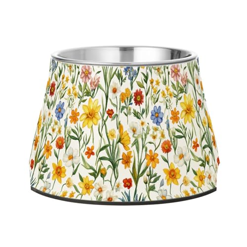 Blumen Narzissen Calendula Pfingstrosen Weiße Hunde Futternapf mit Ständer Edelstahl Katzen Futternapf für mittelgroße Hunde verlangsamen das Essen von Wudan