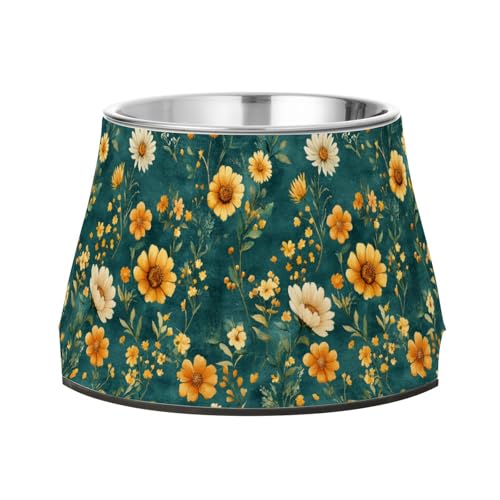 Futternäpfe für Haustiere, Motiv: Herbstblumen, Sonnenblume, Lilie, Rosmarin, Blaugrün, erhöhter Futternapf, verbesserter Edelstahl, für langsames Füttern, Katzen, Schnurrhaar, Linderung von Wudan