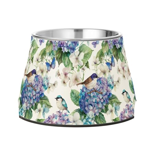 Futternäpfe für Hunde, Motiv: blaue Blumen, Vögel, Schmetterling, Hunde, erhöhter Edelstahl-Futternapf für kleine Hunde, Schnurrhaar, Müdigkeit von Wudan