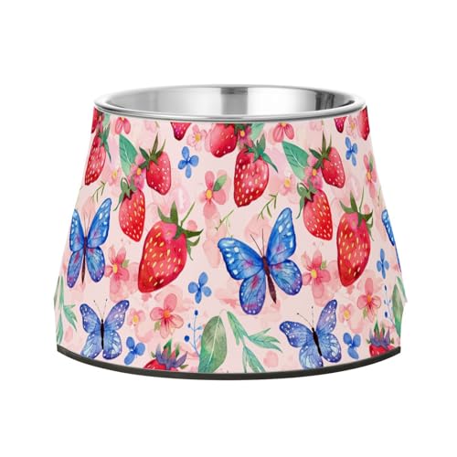 Futternäpfe für Hunde, Motiv: niedliche Erdbeeren, Blumen, blauer Schmetterling auf rosa Hunden, rutschfest, Edelstahl, Metall, für mittelgroße Hunde, Schnurrhaar, Entlastung Futternäpfe für Hunde, Motiv: niedliche Erdbeeren, Blumen, blauer Schmetterling auf rosa Hunden, rutschfest, Edelstahl, Metall, für mittelgroße Hunde, Schnurrhaar, Entlastung von Wudan