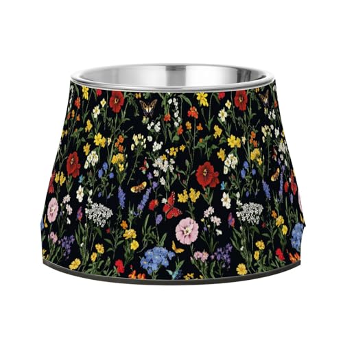 Futternapf, Motiv: Blumen, Nelke, Schmetterlinge, rutschfest, Edelstahl, für Hunde, Katzen, Kaninchen, Vögel, Schwarz von Wudan