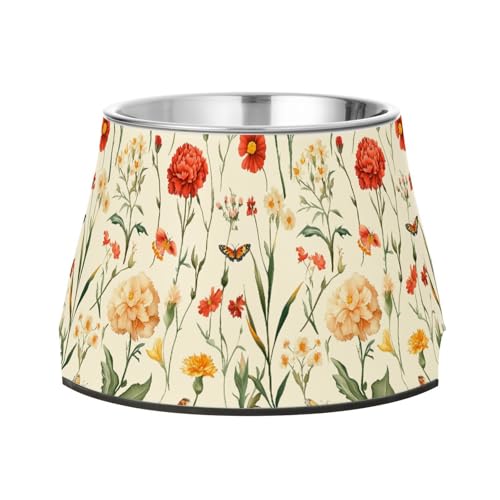 Futternapf für Haustiere, Motiv: Herbstblumen, Nelke, Schmetterlinge, Beige, erhöhter Edelstahl-Wassernapf für langsames Füttern, Schnurrhaar, Müdigkeit von Wudan