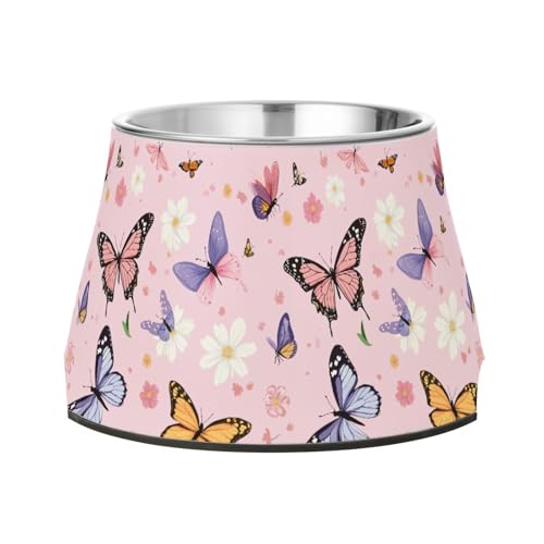 Futternapf für Hunde, Cartoon-Motiv, süße Schmetterlinge, Rosa, verbesserter Edelstahl-Katzen-Futternapf für Hunde, Katzen, Kaninchen, Vögel, langsames Fressen von Wudan