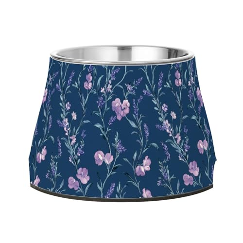 Futternapf für Hunde, Motiv: Blumen, Lavendel, Freesie, Marineblau, rutschfest, Edelstahl, für Hunde, Katzen, Kaninchen, Vögel, langsames Fressen von Wudan