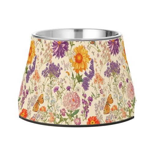 Futternapf für Hunde, Motiv: Herbstblumen, Lavendel, Schmetterlinge, Beige, Edelstahl, für Katzen, Kaninchen, Vögel, Schnurrhaar, Linderung von Wudan