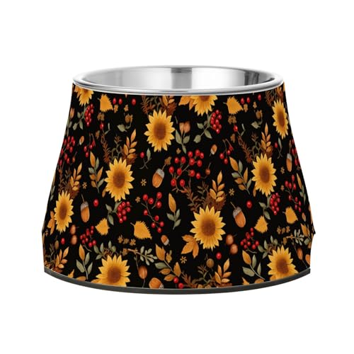 Futternapf für Hunde, Sonnenblumen, Eicheln, Blätter, Herbst, verbesserter Edelstahl, Haustier-Futternapf für Hunde, Katzen, Kaninchen, Vögel, Schnurrhaar, Linderung von Wudan