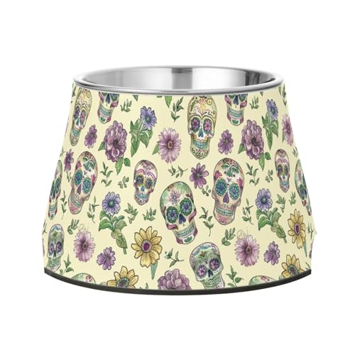 Futternapf mit Retro-Zuckerschädel und violetten Blumen, mexikanischer Stil, Edelstahl, für Katzen, Kaninchen, Vögel, Schnurrhaare von Wudan