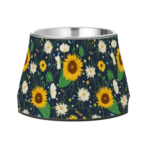 Futternapf mit Sonnenblumen, Wildblumen, erhöhter Futternapf, rutschfest, Edelstahl, für langsames Füttern, für Katzen, bequemes Füttern von Wudan