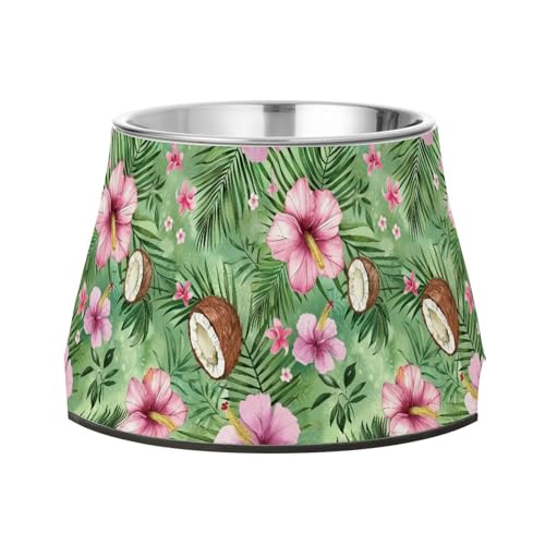 Kokosnussblätter, rosa Hibiskusblüten, grüner Napf für Haustiere, rutschfest, Edelstahl, Katzen-Futternäpfe für langsames Füttern, Katzen, langsames Fressen von Wudan