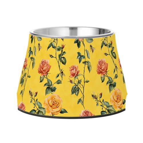 Safari Rose Yellow Erhöhte Futternäpfe für Haustiere, rutschfest, Edelstahl, Katzen-Futternäpfe für Hunde, Katzen, Kaninchen, Vögel, langsames Fressen von Wudan