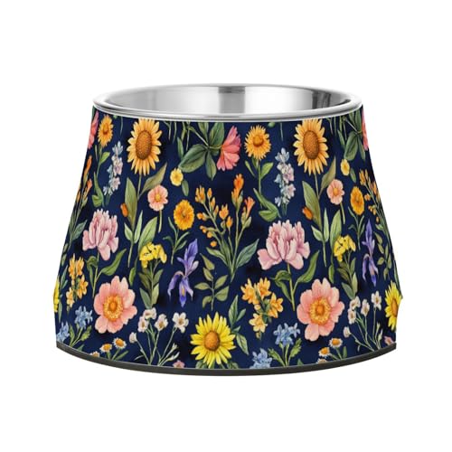 Spring Flowers Peonies Sunflower Navy Blue Dogs Water Bowl Enhanced Stainless Steel Cats Food Bowls for Small Pet Whisker Friendly von Wudan