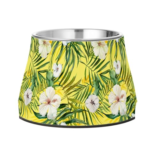 Tropische Palmenblätter, Hibiskusblüten, gelbe Schüssel für Haustiere, rutschfest, Edelstahl, Futternapf für Hunde, Katzen, Kaninchen, Vögel, Schnurrhaare von Wudan
