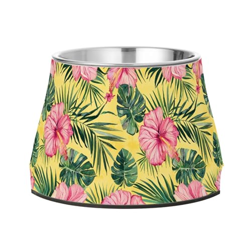 Tropische Palmenblätter, rosa Hibiskusblüten, gelbe Näpfe für Hunde, rutschfest, Edelstahl, Wassernapf für kleine Haustiere, bequeme Fütterung Tropische Palmenblätter, rosa Hibiskusblüten, gelbe Näpfe für Hunde, rutschfest, Edelstahl, Wassernapf für kleine Haustiere, bequeme Fütterung von Wudan