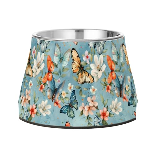 Wasserfarben-Schüssel für Haustiere, Retro-Schmetterlinge und Blumen, rutschfest, Edelstahl, für kleine Hunde, langsames Fressen von Wudan