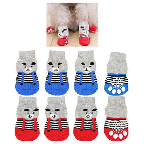 8 Stück rutschfeste Hundesocken, niedliches Bärenmuster Indoor Wear Traktionskontrolle Pfotenschutzschuhe für kleine Hunde Welpenkatze (große Größe) von Wudong