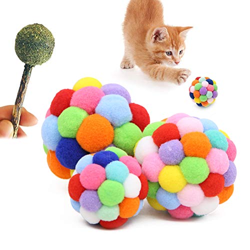 Wudong 3 bunte Katzenbälle mit 1 Katzenminze Lollipop, Plüsch-Hüpfball, Glocke, interaktives Spielzeug für Katzen, Kätzchen, Training, Spielen, Kauen von Wudong