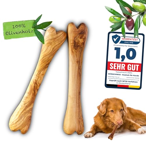 Wünschwas Kauspielzeug für Hunde aus 100% Olivenholz. Holzknochen als Hundespielzeug, 2 Stück. Natürliches Kauholz für Zahnpflege, ideal für alle Hunde. 15x3 cm. (S) von Wünschwas