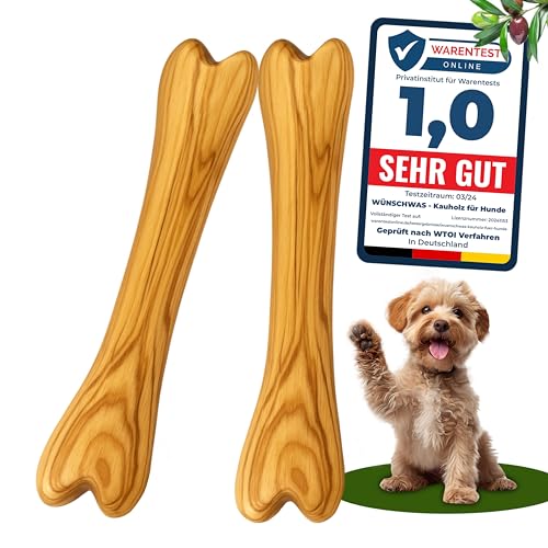 Wünschwas 2er Set Olivenholz-Kauspielzeug für Hunde – 100% natürliches Kauholz. Holzknochen zur Zahnpflege, Robustes Hundespielzeug für kleine Hunde, Größe S 15x3 cm. von Empefly