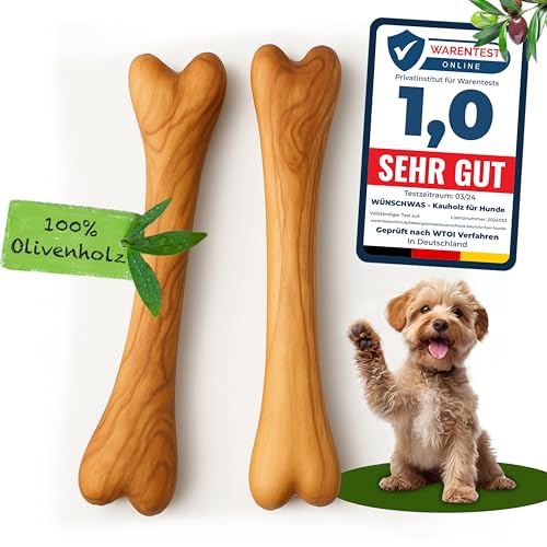 Wünschwas 2er Set Olivenholz-Kauspielzeug für Hunde – 100% natürliches Kauholz. Holzknochen zur Zahnpflege, Robustes Hundespielzeug für Hunde, Größe M 20x3.5 cm. von Empefly