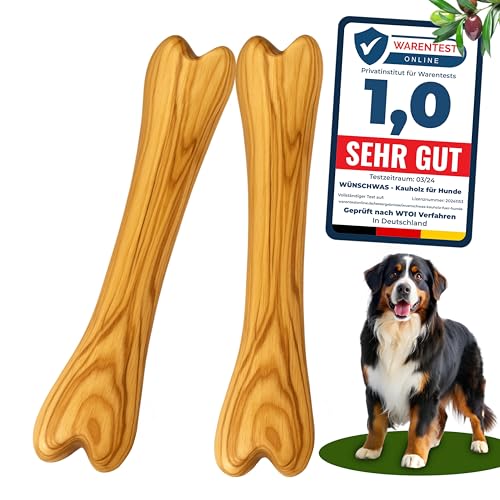 Wünschwas 2er Set Olivenholz-Kauknochen Hunde Groß - 100% natürliches Kauholz. Holzknochen zur Zahnpflege, Robustes Hundespielzeug große Hunde, Größe L 25x4 cm. von Empefly