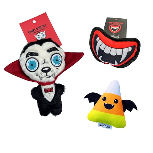WufWuf Halloween-Hundespielzeug-Set, gruselige Pfoten-Kollektion mit Dracula, Vampirzähne und Vampy-Süßigkeiten-Plüschspielzeug für Hunde, lustiges und langlebiges Halloween-Kauspielzeug für Hunde WufWuf Halloween-Hundespielzeug-Set, gruselige Pfoten-Kollektion mit Dracula, Vampirzähne und Vampy-Süßigkeiten-Plüschspielzeug für Hunde, lustiges und langlebiges Halloween-Kauspielzeug für Hunde von WufWuf