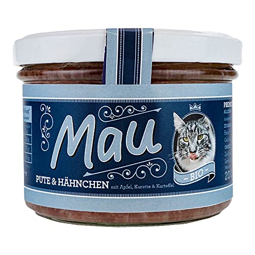 Mau BIO Katzenfutter Pute & Hähnchen 200g im Glas mit Apfel, Karotte und Reis im wiederverschließbarem Glas (4 x 200g) von Wuff & Mau