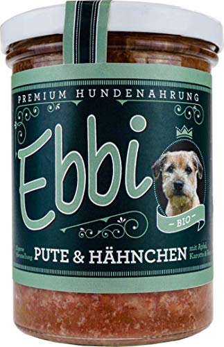 Bio Hundefutter mit Pute, Hähnchen, Apfel, Karotte und Reis Inhalt: 400g / Ebbi Hundenahrung im wiederverschließbarem Glas (3 x 400g) von Wuff & Mau