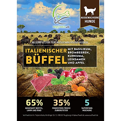 Wuffwelt Trockenfutter Italienischer Büffel mit Basilikum, Brombeeren, Kurkuma, Leinsamen & Apfel 2,0kg von WuffWelt.de
