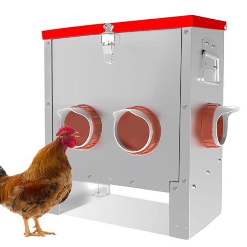 Automatischer Hühnerfutterautomat, 11 lbs, Geflügelfutterautomat aus Edelstahl mit 4 Futteröffnungen mit Feststellklemme und Griff, kein Abfall für Geflügel und Hühner (32 * 32 * 41cm) von Wuhuarou