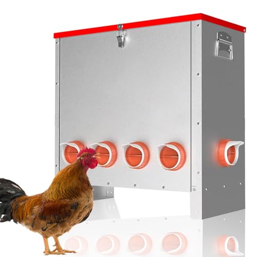 Automatischer Hühnerfutterautomat, 66 lbs, Geflügelfutterautomat aus Edelstahl mit 10 Futteröffnungen mit Feststellklemme und Griff, kein Abfall für Geflügel und Hühner (60 * 32 * 63cm) von Wuhuarou