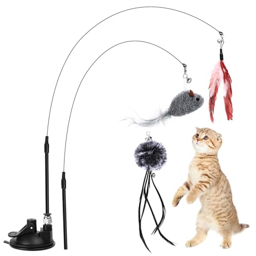 Wukemaoyi 2 Stück Interaktives Katzenspielzeug, Katzenspielzeug Angel mit Federn, Katzenangel Stabil, Katzen Spielzeug mit Vogel, Federspielzeug für Katzenstab Spielzeug mit Saugnapf + 3 Vogel von Wukemaoyi