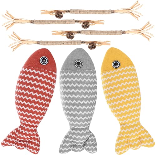 Wukemaoyi 3 Katzenspielzeug Fisch Spielzeug + 4 Matatabi Katzenminze Sticks, Katzenminze Spielzeug, Katzen Matatabi Stick Katzen Zahnpflege, Interaktives Katzenspielzeug mit Katzenminze Spielen Kauen von Wukemaoyi
