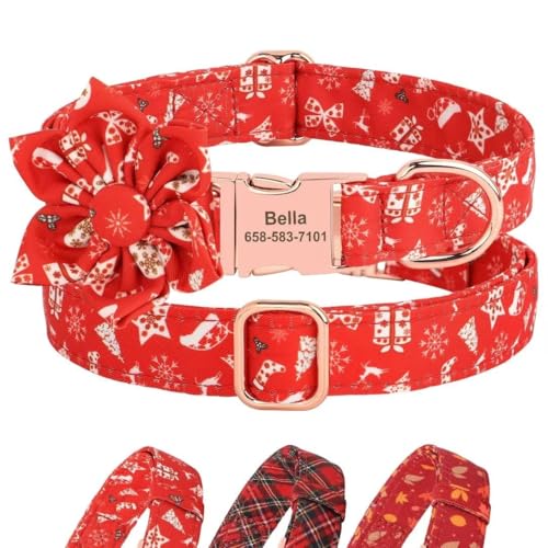 Niedliches Weihnachts-Halsband mit Fliege, personalisiertes Herbsthalsband mit strapazierfähiger Metallschnalle, für kleine und mittelgroße Hunde (Weihnachten mit Blumen, Größe S) von Wulachaka