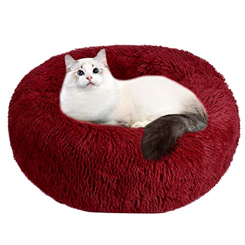 Hundebett, Katzenbett, Haustierbett, 50 cm rundes Plüschkatzenbett Hundehütte, tragbare warme weiche und Bequeme Hundehütte, Donutbett für Katzen und Hunde, kleines Hundebett (Wine red) … von Wuudi