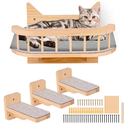Katze Wand Regale Katze Hängematte mit 3 Schritten, Katze Wand Möbel mit grauem Kissen, Katze Regale und Sitzstangen für Wand, Katze Klettern Regal, Katze Kratzbaum für Klettern Schlafen Spielen von Wuudi