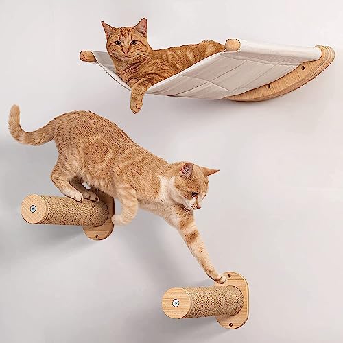 Katzen-Wandmöbel Set, Hängematte aus Stoff mit Holzrahmen, 2 Sisal-Kratzstangen, Wandmontage Katzen-Wandmöbel Set, Hängematte aus Stoff mit Holzrahmen, 2 Sisal-Kratzstangen, Wandmontage von Wuudi