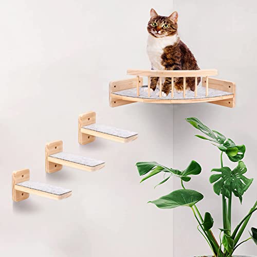 Kletterwand für Katzen Mit 3-Stufen, Katzentreppe, Regale und Perchen, Wandmöbel Kletterregal für Innen Mit Plüsch (Type-A) von Wuudi