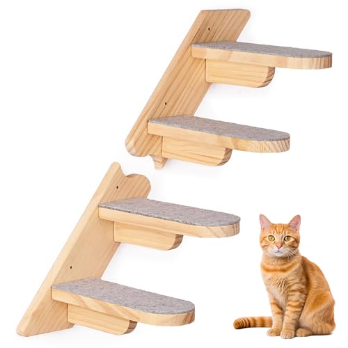 Wand Montierte Katze Kletterregal - Holz Vier Schritt Treppe Mit Plüsch Bedeckt - Möbel für Klettern, Schlafen und Spielen von Wuudi