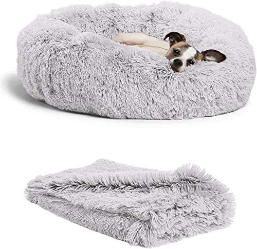 Wuudi Bett für Katze,Hundekissen Flauschig Katzenbett Set mit Decke,Runden Katzenbett Plüsch hundebett 2 Stücke Weich Warm Haustierbett + Haustierdecke für Katzen und Kleine (Hellgrau) von Wuudi